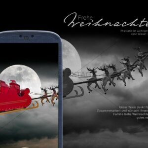 witzige Weihnachts E-Card mit gefangenen Santa Claus und fliegendem Rentierschlitten im Handy (303)