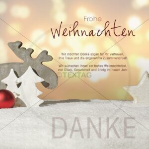 Lustige, digitale Weihnachts-E-Card mit Elch, mit Stern, Weihnachtsbäumen und roten Christbaumkugel (329)