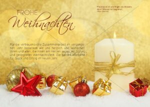 elegante Weihnachts E-Card in gold mit Kerze, roten Kugeln (343)