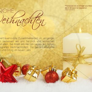 elegante Weihnachts E-Card in gold mit Kerze, roten Kugeln (343)