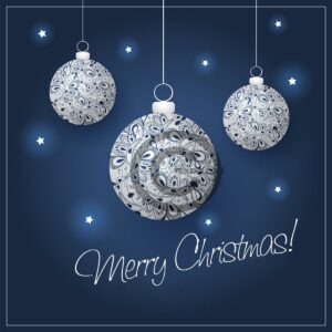 Weihnachts eCard "Merry Christmas"in Blau mit weiß-blauen Kugeln (494)