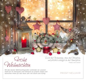 nostalgische Weihnachtskarte E-Card für Geschäftskunden "Am Fenster mit Laterne und roter Kerze" (502)