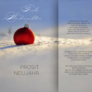 moderne Weihnachts-E-Card mit roter Kugel im Schnee und Spruch, ohne Werbung (0141)