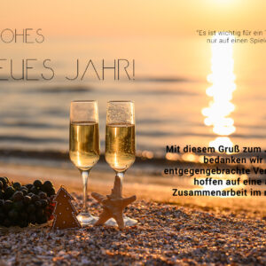 E-Card Prosit Neujahr - Sonnenuntergang am Strand - mit Spruch, ohne Werbung (274)