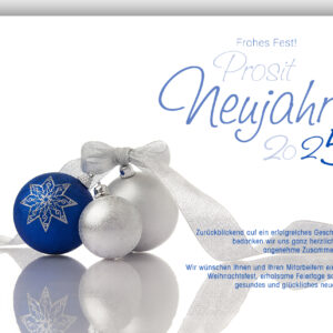 elegante Weihnachtskarte mit Weihnachtsbaumkugeln in Blau und Silber - geschäftliche Weihnachts eCard (239)