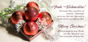 romanitsche digitale Weihnachtskarte für Kunden, eCard in mit roten Christbaumkugeln, Spruch in DE/EN, ohne Werbung (704)