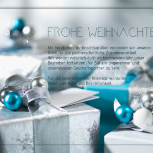 edle Weihnachtskarte für Kunden in Türkis und Silber, eCard mit Christbaumkugeln, Spruch in DE, ohne Werbung (705)
