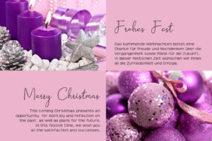 edle Weihnachts eCard für Kunden in Pink und Silber, mit Christbaumkugeln, Spruch in DE/EN, ohne Werbung (706)