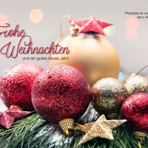 geschäftliche, digitale Weihnachtskarte mit roten Christbaumkugeln und Spruch, ohne Werbung (746)