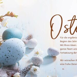 edle Oster E-Cards mit Wachteleiern in Blau und Kirschblüten, ohne Werbung, mit Spruch (00346)