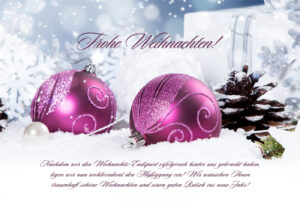 edle Weihnachts eCard für Kunden in Pink und Weiß, mit Christbaumkugeln, mit Spruch, ohne Werbung (948)