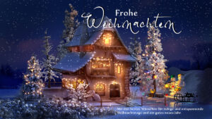 nostaligische Weihnachts E-Card geschäftlich, beleuchtetes Haus & Winterlandschaft, mit Spruch (997)