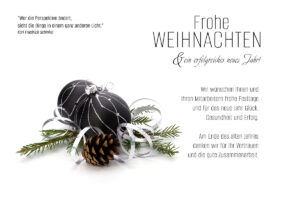 edle eCard mit Weihnachtskugeln in Schwarz & Silber, Weihnachtskarte geschäftlich, mit Spruch, ohne Werbung (1019)