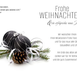 edle eCard mit Weihnachtskugeln in Schwarz & Silber, Weihnachtskarte geschäftlich, mit Spruch, ohne Werbung (1019)