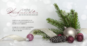 edle Weihnachts eCard geschäftlich mit Christbaumkugeln in Altrosa und Weiß, mit Spruch, ohne Werbung (1022)