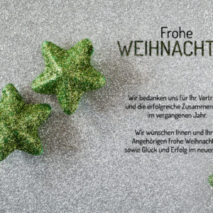edle Weihnachts E-Card für Kunden in Silber mit grünen Sternen, Weihnachtskarte ohne Werbung, mit Spruch (1036)