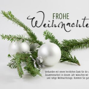 edle Weihnachts eCard mit weißen Weihnachtskugeln, Weihnachtskarte geschäftlich, mit Spruch, ohne Werbung (1041)