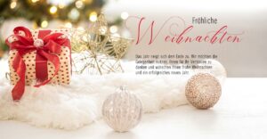 edle Weihnachts eCard für Kunden mit Geschenkspaket und Christbaumkugeln, mit Spruch, ohne Werbung (1042)