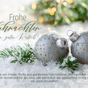 edle Weihnachts eCard mit silbernen Weihnachtskugeln, Weihnachtskarte geschäftlich, mit Spruch, ohne Werbung (1075)