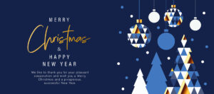 abstrakte, geschäftliche Weihnachtskarte "Merry Christmas" E-Card in Blau & Gold mit Spruch auf Englisch (1056)