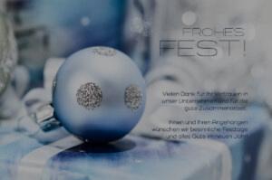edle Weihnachtskarte E-Card geschäftlich in Pastellblau mit Kugel, neutraler Spruch, ohne Werbung (1062)