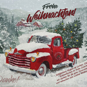 nostalgische Weihnachts E-Card geschäftlich, Pickup mit Weihnachtsbaum, mit Spruch auf DE (1065)