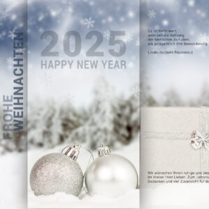 extravagante Weihnachts E-Card mit Geschenkspaket, silberen & weißen Kugeln (295)