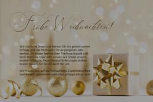 Nachhaltige geschäftliche Weihnachts-E-Card mit anmutigen goldenen Kugeln, begleitet von einem inspirierenden Spruch und frei von störender Werbung (1123).