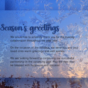 Season’s greetings Business E-Card mit Eiskristallen auf Blauen Hintergrund ohne Werbung, mit neutralem Spruch. Umweldfreundlichen Weihnachts E-Card für Ihre Kunden. Einfach per Mail senden.