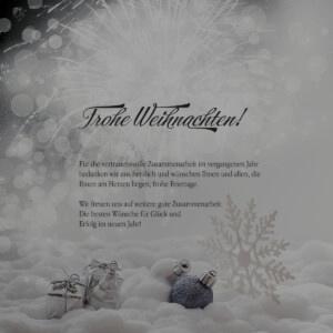 Stilvolle geschäftliche Weihnachts-E-Card in einer Kombination aus Weiß und Silber, begleitet von einer passenden Botschaft, frei von Werbeinhalten (Artikel-Nr. 1133).