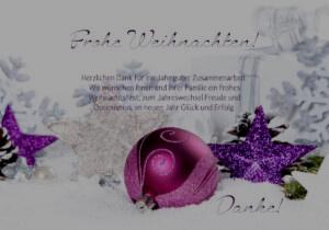 Umweltfreundliche geschäftliche Weihnachts-E-Card mit pinkfarbenen Kugeln & violetten Sternen, mit Spruch, ohne Werbung (1137)