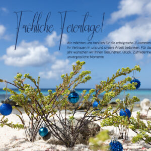 umweltfreundliche geschäftliche Weihnachts eCard "Strandfeeling" mit blauen Kugeln und Spruch, ohne Werbung (1170)