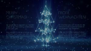 Strahlende Weihnachts-E-Card für Kunden mit einem extravaganten Weihnachtsbaum in Türkis, mit mehrsprachigen Spruch (DE/EN), frei von Werbung (1188)