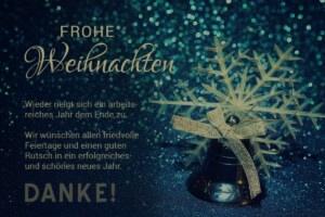 nostalgische geschäftliche Weihnachts E-Card in Blau / Türkis mit Glocke und inspirierendem Spruch, ohne Werbung (1294)