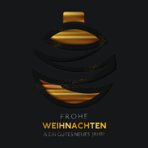 außergewöhnliche, stylische geschäftliche Weihnachts E-Card mit schwarz-goldener abstrakter Kugel ohne Werbung, mit Spruch auf Deutsch (1393)
