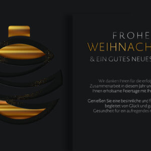 extravagante stylische geschäftliche Weihnachts E-Card mit schwarz-goldener abstrakter Kugel, mit Spruch, ohne Werbung (1394-V1)