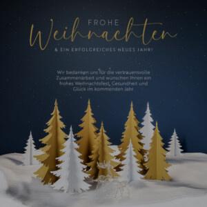 umweltfreundliche, geschäftliche Weihnachts E-Card mit Tannenbäumen in Gold & weiß aufblauen Hintergrund mit 3D-Effekt, mit Spruch, ohne Werbung